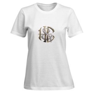 Women's White Rock T-Shirt with Gold Heaven and Earth logo with Snake in Silver